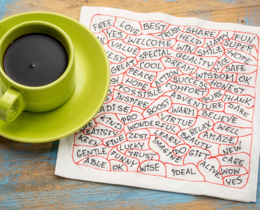 Marketing is about relationships - coffee cup next to brainstorming doodles on napkin