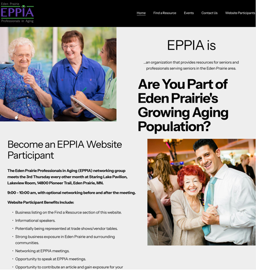 Eden Prairie Professionals in Aging website screenshot