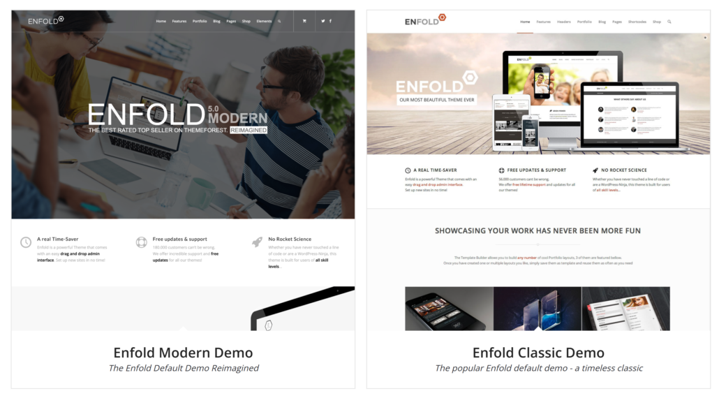 Demo Enfold WordPress Theme image showing two demo layouts, modern and classic